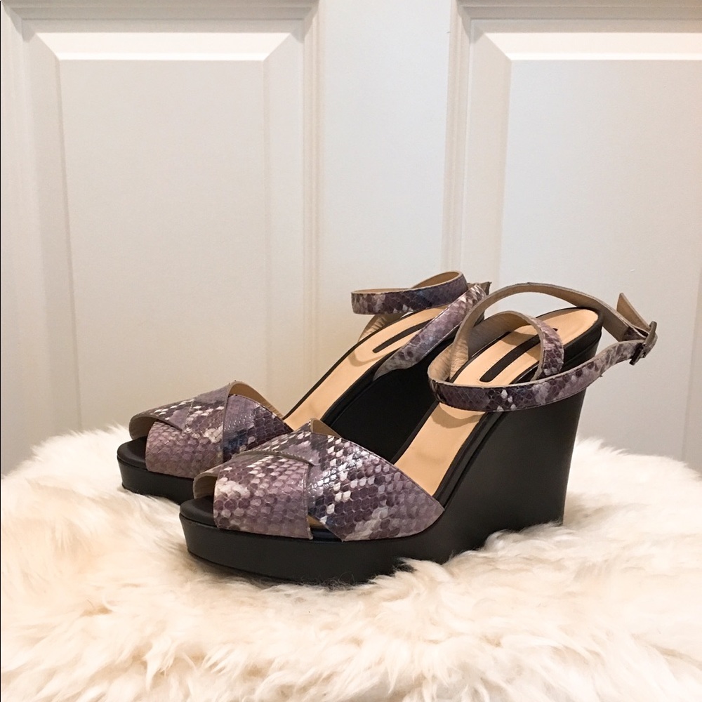 Longchamp leather wedge snake print ankle strap sandals 36